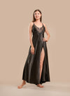 Long Night Dress Satin &amp; Lace - Black