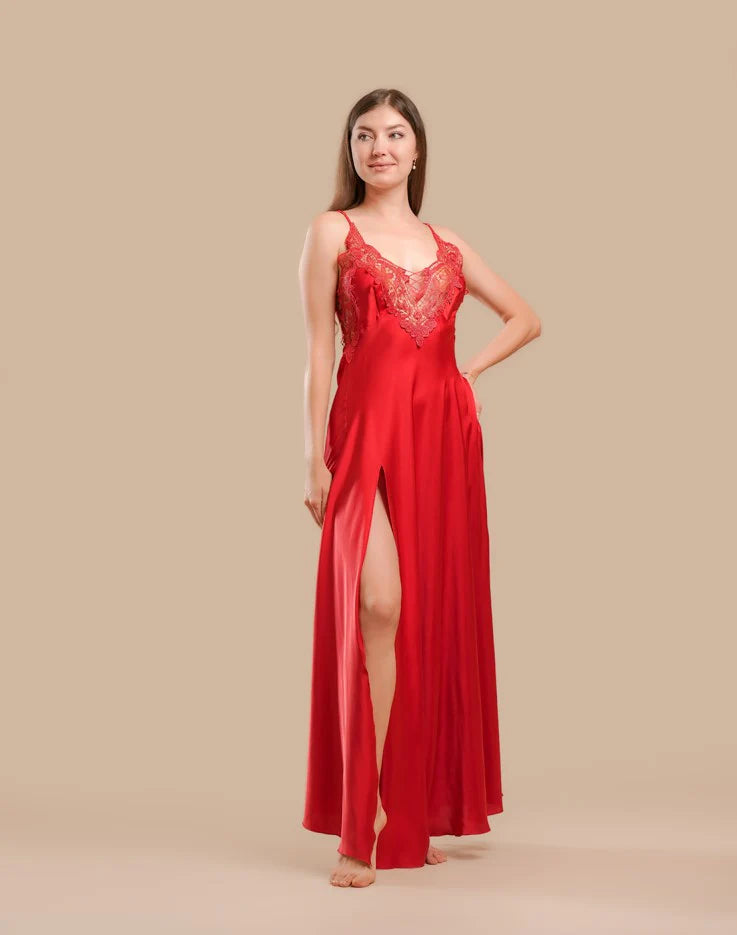 Long Night Dress Satin & Lace - Red