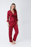 Claret Red 6 Piece Long Slit Satin Nightgown Dressing Gown Set