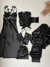 Black 6 Pcs Long Slit Silk Nighty Set