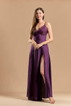 Long Night Dress Satin &amp; Lace - Aubergine