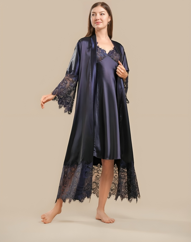 Long Satin & Lace Nightdress & Robe Set - Navy Blue