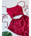 4Pcs Silk Turkish Guipure Detail Nighty Set Maroon