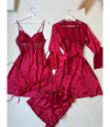 4Pcs Silk Turkish Guipure Detail Nighty Set Maroon